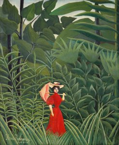Mujer de rojo en el bosque de Henri Rousseau