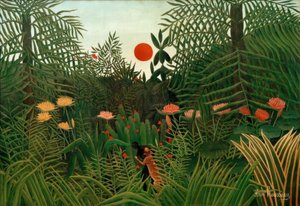Selva virgen al atardecer. Black atacado por un leopardo