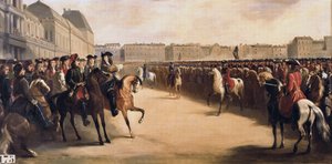 El Zar Pedro I el Grande de Rusia (1672-1725) acompañado por el Regente Felipe II Duque de Orleans (1674-1723) durante su visita a Francia revisa las tropas montadas en las Tullerías (París) el 16/06/1717 de Henri Serrur