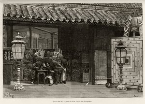 Rey Dong Khanh (1864-1889) Emperador de Annam, hogar en la ciudad imperial de Hue (Vietnam). Grabado de Thiriat, para ilustrar la historia Treinta meses en Tonkín por el Dr. Charles Edouard Hocquard (1853-1911), en 1885, en Le tour du monde, nuevo diario d