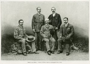 Retrato de Henry Morton Stanley (John Rowlands 1841-1904) rodeado de sus oficiales desde la izquierda: Dr. Thomas Heazle Parke (1857-93), Robert H. Nelson, William G. Stairs y Arthur J. M. Jephson. Grabado por Thiriat, para ilustrar la historia En las somb de Henri Thiriat