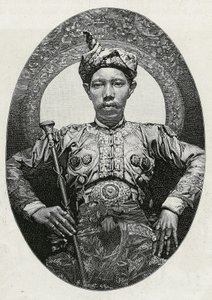 Retrato de Mohammed Yamalul Alam, sultán de Soulou (o Sulu) (Filipinas), en 1880. Grabado por Thiriat, para ilustrar la historia "Viaje a Filipinas" de Henri Thiriat