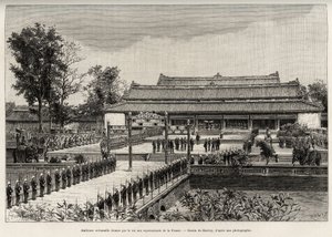 Audiencia solemne dada por el Rey Dong Khanh (1864-1889) Emperador de Annam a los representantes de Francia en la ciudad imperial de Hue (Vietnam). Ilustración de la historia “Trente mois au Tonkin” por el Dr. Charles Edouard Hocquard (1853-1911) de Henri Thiriat