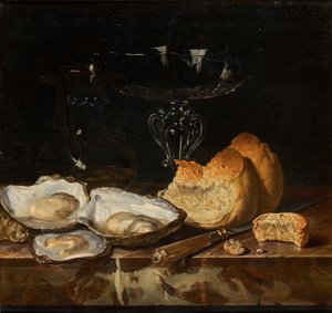 Bodegón con ostras, pan y copa de vino veneciana, 1661 de Henri de Fromantiou
