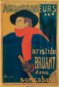 Aristide Bruant, cantante y compositor, en un cartel que anuncia su actuación en el elegante night-club " Les Ambassadeurs " de los Campos Elíseos (litografía).