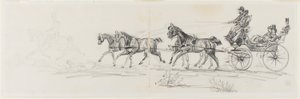 Carruaje tirado por caballos precedido por un jinete solitario (recto); Hombre montando a caballo con una manta y bocetos de cabezas, caballos y arco triunfal (verso) de Henri de Toulouse-Lautrec