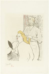 El peluquero peina el cabello de una mujer sentada con un espejo en la mano Le coiffeur Programme du Théâtre Libre de Henri de Toulouse Lautrec (signed by artist)