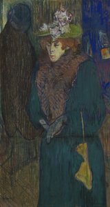 Jane Avril en la entrada del Moulin Rouge, poniéndose los guantes, c.1892 de Henri de Toulouse Lautrec