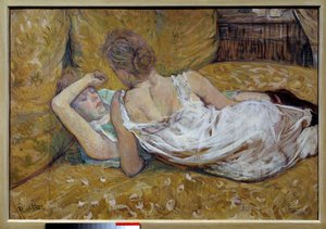Las dos amigas. Mujeres jóvenes acostadas en una cama. Pintura de Henri de Toulouse Lautrec, 1895. Colección privada