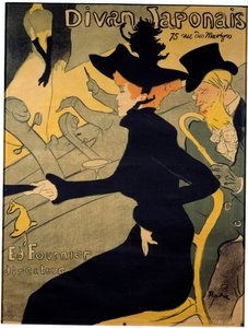 Cartel para el cabaret parisino "El sofá japonés" que representa a la bailarina Jane Avril (1868-1943) y al escritor Edouard Dujardin (1861-1949) viendo a la cantante Yvette Guilbert (1867-1944) actuar en el escenario - Litografía de Henri de Toulouse-Laut de Henri de Toulouse Lautrec