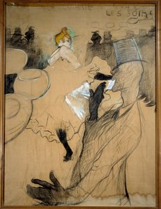El molino rojo, la Goulue y Valentin le Desosse. Boceto, carbón con realces de color. Dibujo de Henri de Toulouse Lautrec