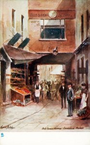 Londres antiguo: Ship Tavern Passage, Leadenhall Market (litografía en color)