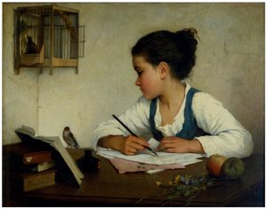 Una niña escribiendo; El jilguero mascota de Henriette Browne