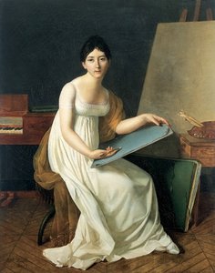 Retrato de la Artista, con vestido blanco y sosteniendo un esbozo de Henriette Lorimier