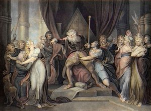 Shakespeare - Rey Lear - Rey Lear - Acto I Escena I. - El Rey Lear expulsando a su hija Cordelia - grabado después de Henry Fuseli de Henry  Fuseli