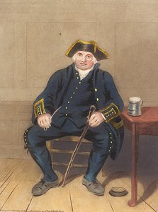 Retrato de Pensionista de Greenwich, sentado con pipa de arcilla y jarra de cerveza (aguatinta) de Henry (after) Dawe