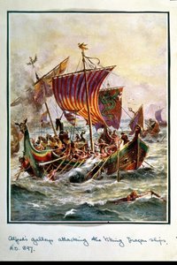 Las galeras de Alfredo atacando los barcos dragón vikingos, 897 d.C., ilustración de 