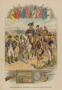 Banderas, uniformes, moneda y armas de la Revolución Americana (cromolitografía) de Henry Alexander (after) Ogden