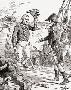 El capitán Dacres del HMS Guerriere se rinde y ofrece su espada al capitán Hull a bordo del USS Constitution después de su derrota durante la Guerra de 1812, de La Historia de Nuestro País, publicado en 1905