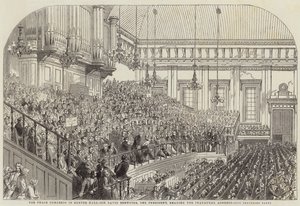 El Congreso de Paz en Exeter Hall, Sir David Brewster, el Presidente, leyendo el Discurso Inaugural de Henry Anelay