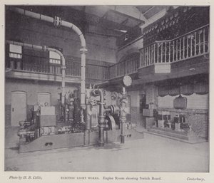 Sala de máquinas mostrando el tablero de control, Electric Light Works, Canterbury, Kent
