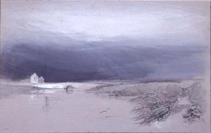 Paisaje con río y puente: se acerca la lluvia de Henry Bright