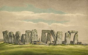 Stonehenge desde el N.O., mostrando ruinas con hombre y perro
