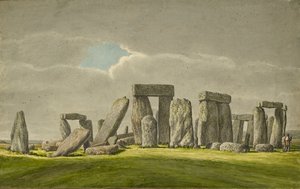 Stonehenge desde el sureste, mostrando piedras en estado ruinoso con 2 visitantes