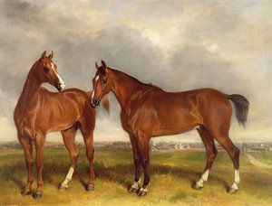Cazadores en un prado, una ciudad al fondo de Henry Calvert