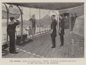 Lord Rosebery abordando el HMS Caesar, en Nápoles, rumbo a Malta, para reunirse con los Lores del Almirantazgo de Henry Charles Seppings Wright