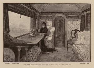 La reina Victoria en el vagón de ferrocarril Royal Saloon (grabado)