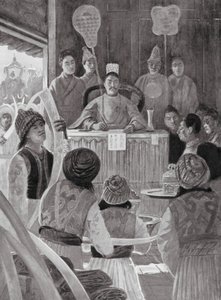 Enviados siameses rindiendo homenaje al Emperador de China (litografía)