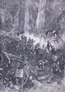 La guerra Ashanti 1900: Una pelea en el bosque, ilustración de la Historia de Inglaterra de Cassell, 1900s
