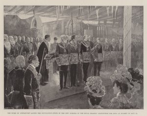 El Duque de Connaught colocando la primera piedra de las nuevas escuelas de la Institución Real Masónica para Niños en Bushey el 12 de mayo de Henry Charles Seppings Wright
