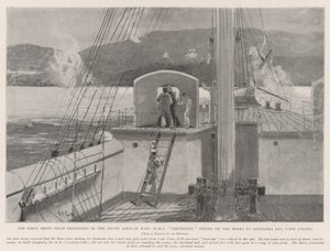 Los primeros disparos desde el barco en la Guerra de Sudáfrica, HMS Partridge disparando a los Boers en la Bahía de Saldanha, Colonia del Cabo de Henry Charles Seppings Wright
