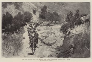 El levantamiento de la frontera india, Campamento Sheranni, Valle de Tochi, Highlanders marchando por un desfiladero