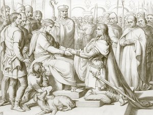 Cómo Hereward llegó al rey (grabado)