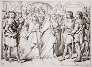 Alftruda reconoce a Hereward, ilustración de Hereward the Great de Charles Kingsley, pub. 1870, grabado por C.G. Lewis de Henry Courtney Selous