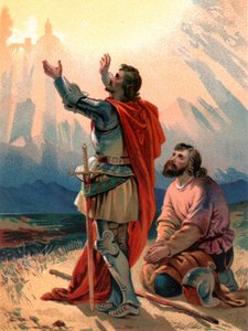 "Cristiano, el peregrino del título, se arrodilla maravillado cuando él y su compañero llegan a la vista de la Ciudad Santa" de Henry Courtney Selous