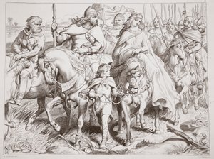 Hereward protege a Alftruda a un lugar seguro, ilustración de Hereward the Great por Charles Kingsley, pub. 1870, grabado por C.G. Lewis de Henry Courtney Selous