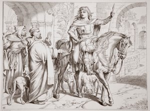 Hereward informa a su tío el Prior que está a punto de ser proscrito, ilustración de Hereward el Grande por Charles Kingsley, pub. 1870, grabado por C.G. Lewis