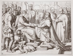 Cómo Hereward llegó al Rey, ilustración de Hereward the Great de Charles Kingsley, pub. 1870, grabado por C.G. Lewis de Henry Courtney Selous
