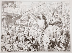Cómo Hereward se convirtió en Berserker, ilustración de Hereward the Great de Charles Kingsley, pub. 1870, grabado por C.G. Lewis de Henry Courtney Selous