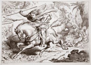 Cómo Hereward fue atrapado en una trampa, ilustración de Hereward el Grande por Charles Kingsley, pub. 1870, grabado por C.G. Lewis de Henry Courtney Selous