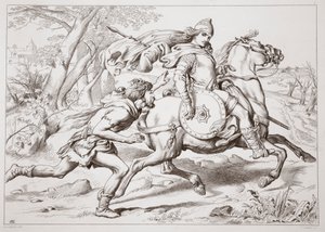 Cómo Martin Lightfoot alcanza a Hereward, ilustración de Hereward the Great por Charles Kingsley, pub. 1870, grabado por C.G. Lewis de Henry Courtney Selous