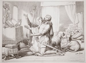 Cómo Torfrida enseña a Hereward a rezar, ilustración de Hereward el Grande por Charles Kingsley, grabado por C.G. Lewis de Henry Courtney Selous