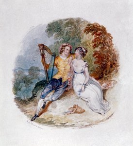 Dos amantes en un banco con un arpa de Henry Courtney Selous