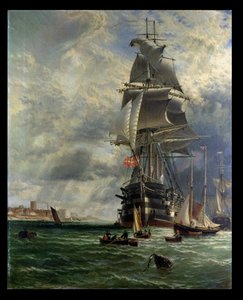 H.M.S. St. Vincent en sus amarras frente a la entrada de Haslar Creek, Portsmouth, 1868 de Henry Dawson