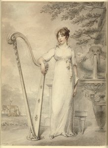 Retrato de cuerpo entero de "Miss V. Dupuis" apoyando su brazo en un arpa. En el fondo una fuente y un paisaje con ciervos de Henry Edridge