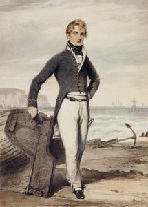 Retrato de Edward Pocock R.N., pequeño de cuerpo entero, de pie junto a un bote de remos varado en marea baja de Henry Edridge